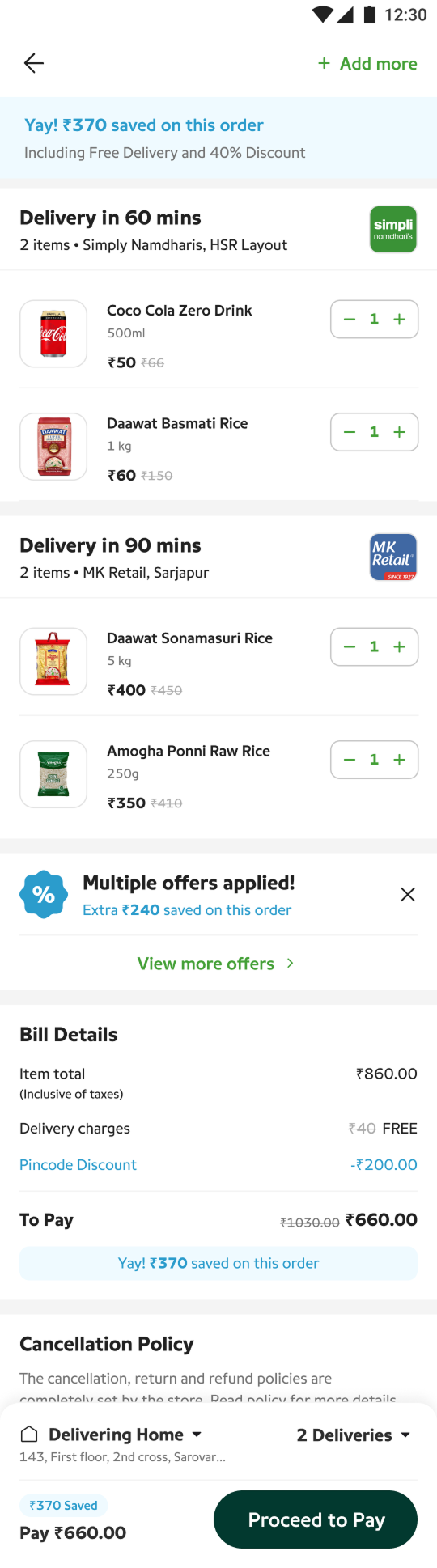Multi-store cart with items grouped under two deliveries, a savings banner and bill details.