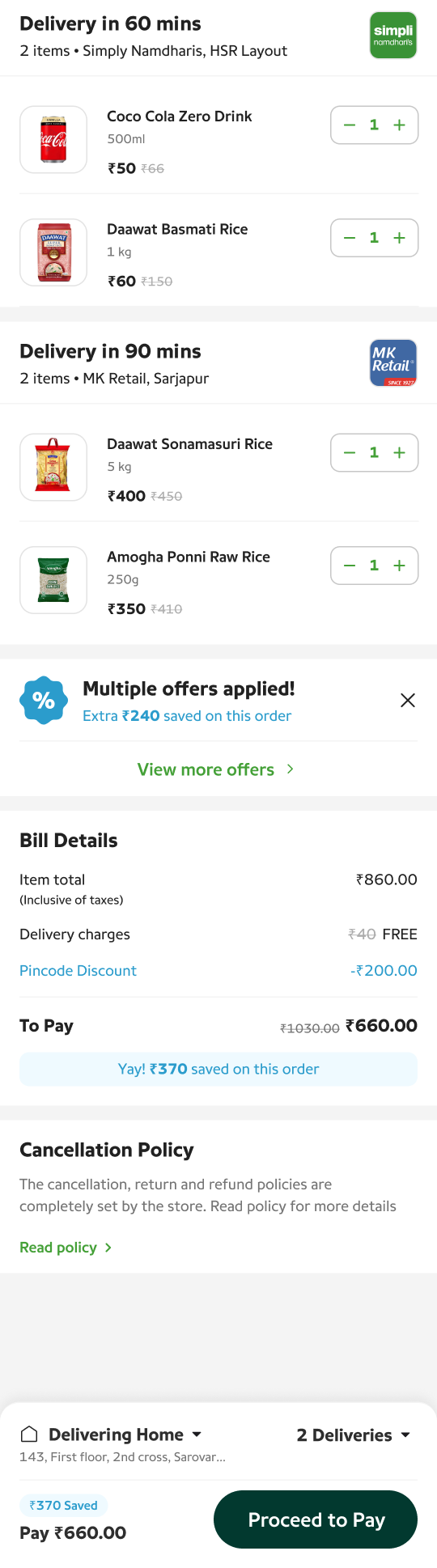 Fulfilment — a multi-store cart grouped by delivery time.