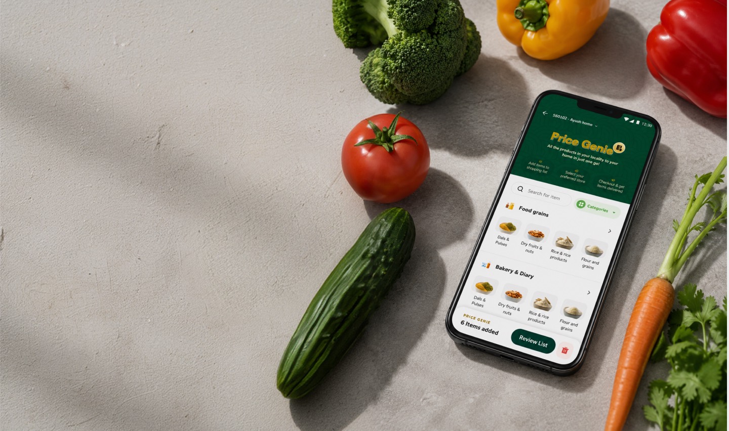 The Price Genie app on a phone, surrounded by fresh produce on a kitchen counter.