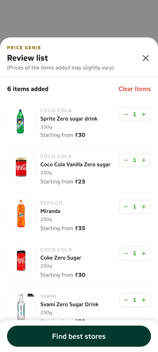 Price Genie review list — a store-agnostic shopping list with a Find best stores action.