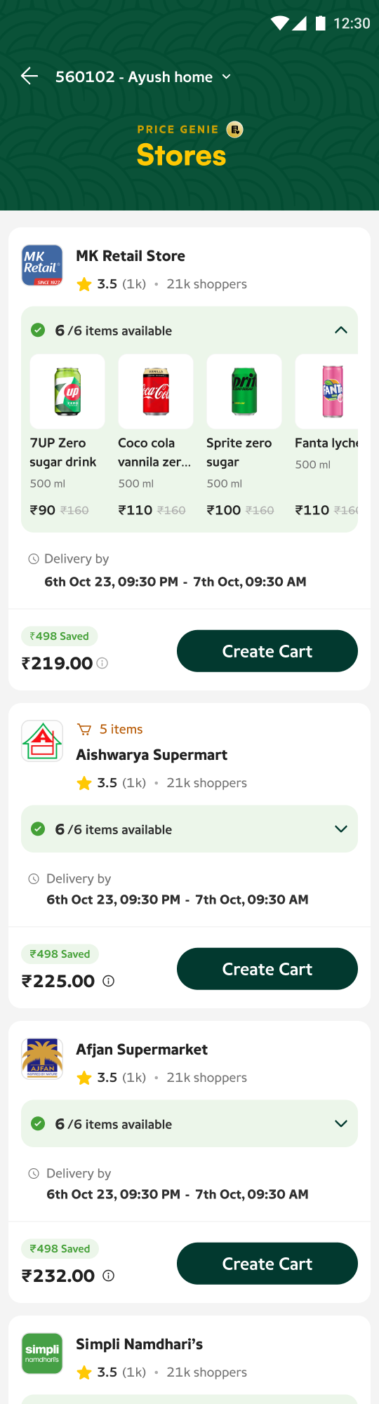 Expanded store card — inventory snapshot with per-item prices and the missing item named.