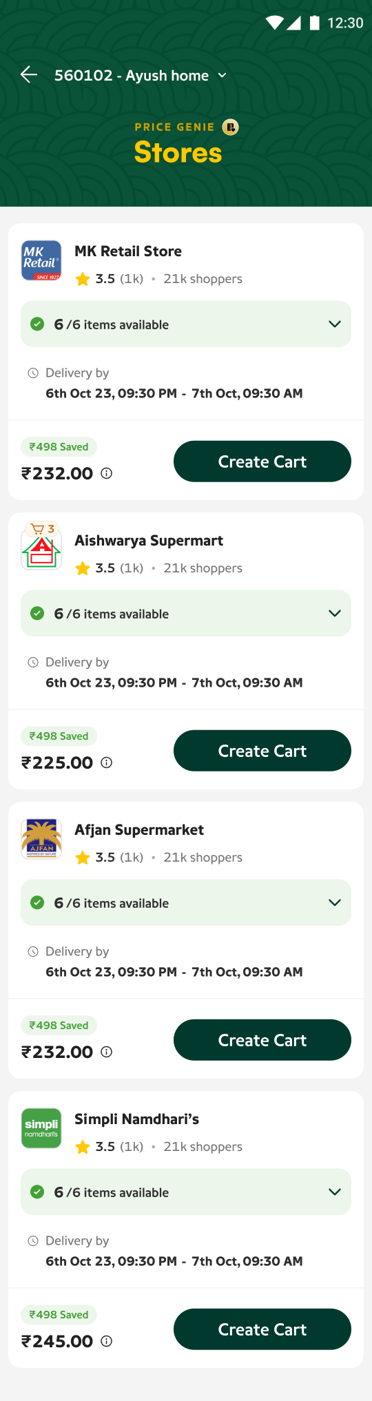 Store comparison — nearby stores ranked by fulfilment, price and delivery.