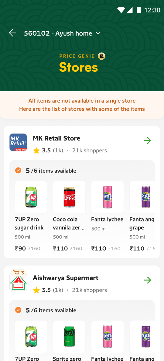 Stores list stating that all items are not available in a single store, listing stores that carry some items.